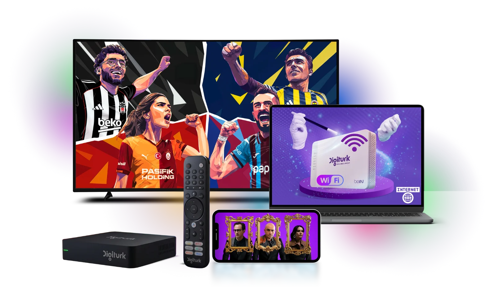Digiturk kutusu, kumanda, televizyon, modem ve mobil uygulama
